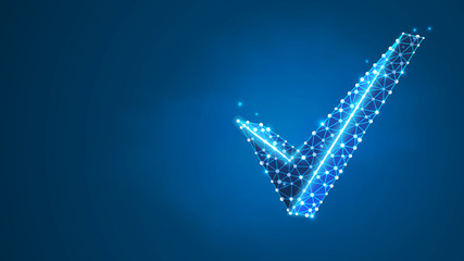 Check mark symbol. Success, business agreement, ok sign, approval concept. Abstract, digital, wireframe, low poly mesh, polygonal vector blue neon 3d illustration. Line, dot