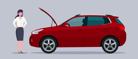 Damaged CUV car with an open hood and a young business woman. Vector flat style illustration.