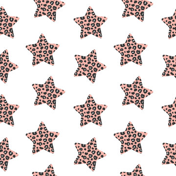 cute lovely seamless vector pattern background illustration with pink stars with animal print with leopard dots	