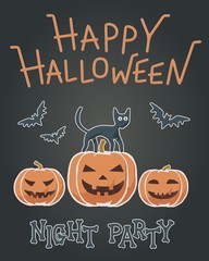 Flat vector - funny bats, cute cat, orange pumpkin
