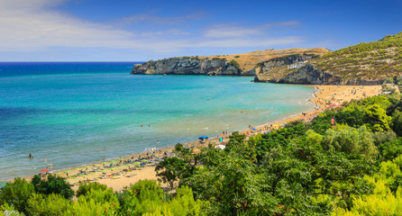 Naklejka premium The most beautiful beaches of Apulia: San Nicola Bay,Peschici. It's surrounded by two rocks which dive in the sea, discloses a long stretch of golden and fine sand, perfect for pleasant strolls,Italy.