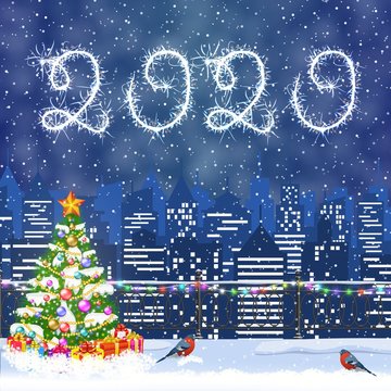 happy new year and merry Christmas Winter Cityscape with christmas tree, snow flakes. Christmas card with cityscape and fireworks, 2020 with sparklers