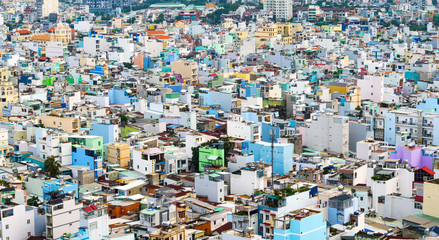 HO CHI MINH, VIETNAM - September 23 2019 : Panorama view of ho chi minh city from District 4 with development buildings, transportation. Vietnam is the fastest-growing of the world.