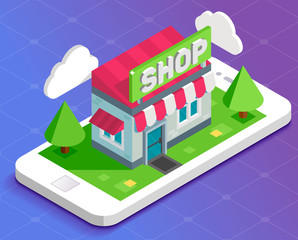 Online shopping illustration. Isometric shop in phone.