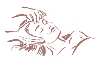 Human hands massaging beautiful lady model laying. Hand drawn sketch vector illustration. Face massage. For massage salon banner, wellness spa poster, logo etc. 