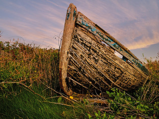 Old rustic wooden fishing boat ashore in the grass, damaged beyond repair