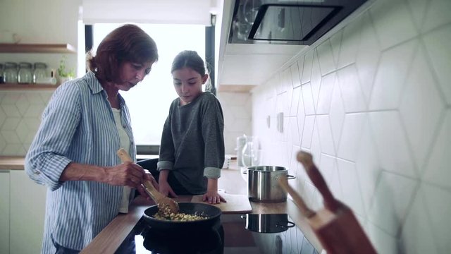 A small girl with senior grandmother indoors in kitchen cooking.