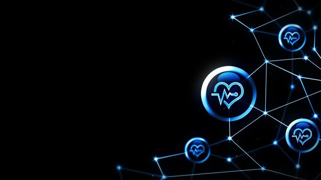 Heart with a heart beat icons floating. Electro Cardiogram. ECG. Communication connection. Heart with pulse. Heart rate. Polygonal space with connecting dots and lines. Wireframe polygon and icon.