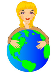 Vector illustration of the girl embracing hand globe
