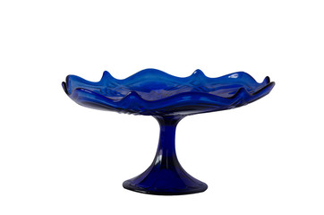Glass vase blue for fruit. Vase on a long leg.