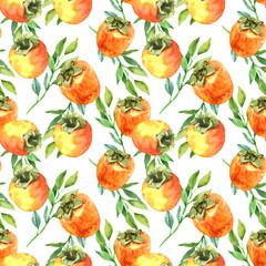 Watercolor hand painted persimmon fruit and slice illustration seamless pattern