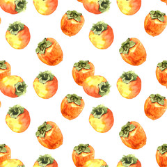 Watercolor hand painted persimmon fruit and slice illustration seamless pattern