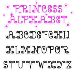 Princess vector alphabet font. Cute with curls English letters. For girls, for children, for mothers, for cards, albums,