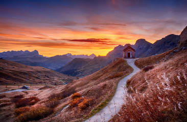 Sunrise in Italian dolomites during autumn