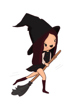 Beautiful girl in a big hat smiles and jumps on a broomstick,  she is a little witch long hair, a sweet baby meets Halloween, she has high boots and a little black dress with polka dots and slim legs