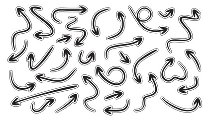 Arrows line icons set. Curly, straight and twisted shapes. Different arrows collection. Design direction elements. Navigation arrowheads. Hand drawn icons. Isolated on white background. Vector