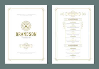 Menu design template with cover and restaurant vintage logo vector brochure. - obrazy, fototapety, plakaty