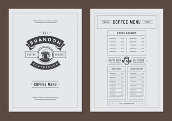 Coffee menu template design flyer for cafe with coffee shop logo mug symbol and retro typographic decoration elements.