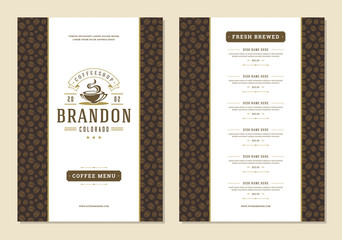 Coffee menu template design flyer for cafe with coffee shop logo cup symbol and retro typographic decoration elements.