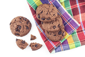 pile cookie chocolate on white background.