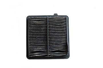 Dirty used car air conditioner filter on white background