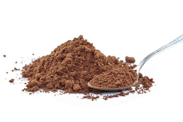 cooa powder on spoon on white background.