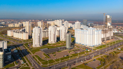 Flying overlooking the city's new buildings. Minsk city, Belarus