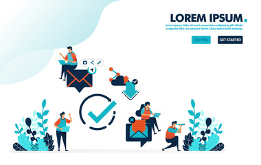Read verified e-mail. Verify circle symbol to receive and reply messages.Simple tick symbol vector illustration for landing page, web, banner, template, background, mobile apps, ui, flyer, poster