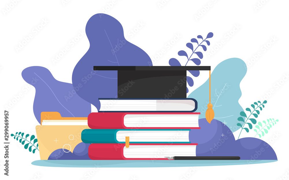 Wall mural Student hat with a brush, a stack of books, files and a pen with a pen. Education, students, dissertation, training. Vector illustration i in cartoon flat style.