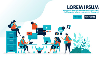 Millennial workplace ideas for brainstorming. Company office startup. Coworking space concept design. Flat vector illustration for landing page, web, website, banner, mobile apps, flyer, poster, ui