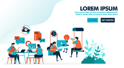 Brainstorming to solve problem. Startup office with swing. Modern workplace or coworking space. Play and work. Flat vector illustration for landing page, web, website, banner, mobile, flyer, poster