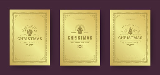 Christmas greeting cards design, ornate decoration symbols with snowflake, winter holidays wishes vintage typography