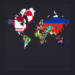 World map with flags. Spherical Mercator projection. Map of the world with meridians on dark background. Vector illustration.