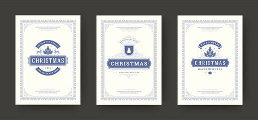 Christmas greeting cards set vintage typographic design, ornate decoration symbols vector illustration