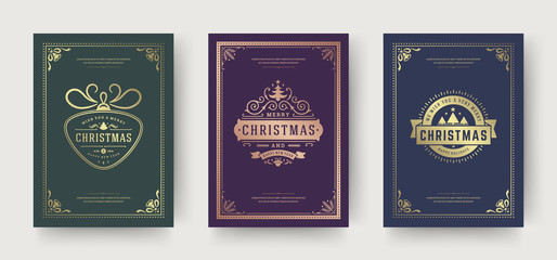 Christmas greeting cards vintage typographic design, ornate decorations symbols with tree, winter holidays wishes