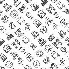 Logistics seamless pattern with thin line icons: forklift loader, conveyor belt, container, storage, cardboard box, return, cargo delivery, mover, worldwide shipping, keep dry. Vector illustration.