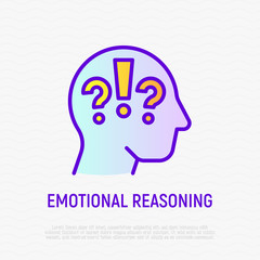Emotional reasoning thin line icon. Question mark and exclamation mark in human head. Confrontation, emotional reasoning. Modern vector illustration.