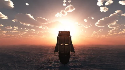 Fotobehang oude schip zonsondergang op zee © aleksandar nakovski
