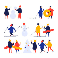 Fototapeta na wymiar group of people skiing, sculpting a snowman, decorating a Christmas tree, snowboard, new year. Flat style vector illustration.