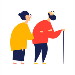 Grandfather and grandmother on a walk. Flat style vector illustration.