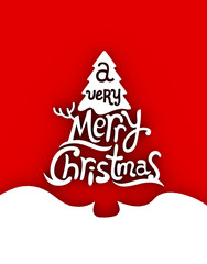 Merry Christmas lettering on red background. Christmas Greeting card design template with 3D typography label.
