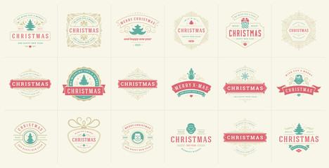 Christmas vector typography ornate labels and badges, happy new year and winter holidays wishes for vector illustration