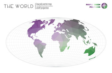 Low poly world map. Aitoff projection of the world. Purple and Green colored polygons. Stylish vector illustration.