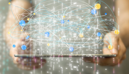 Molecules technology with polygonal shapes on dark blue background.