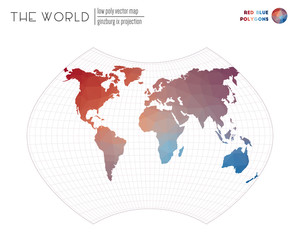 Polygonal world map. Ginzburg IX projection of the world. Red Blue colored polygons. Stylish vector illustration.
