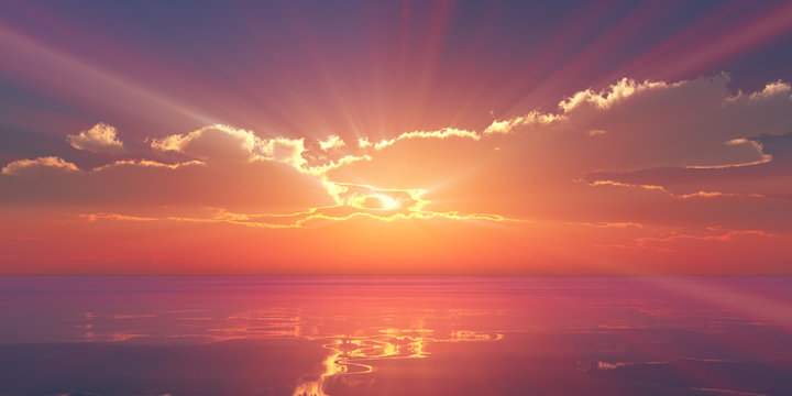 Beautify sunset over sea, sun ray