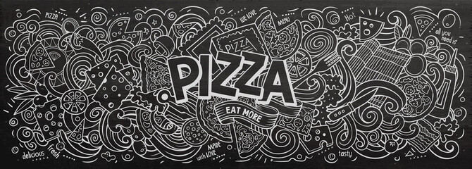 Pizza hand drawn cartoon doodles illustration. Line art vector banner - obrazy, fototapety, plakaty