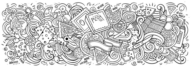 Obraz premium Pizza hand drawn cartoon doodles illustration. Line art vector banner
