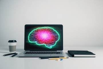 Laptop closeup with brain drawing on computer screen. Big data concept. 3d rendering.