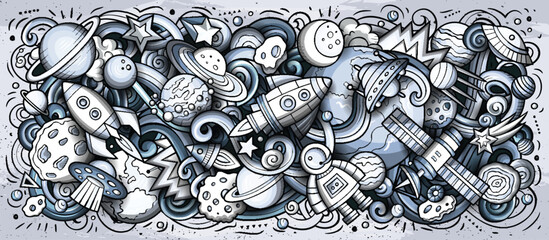 Space hand drawn cartoon doodles illustration. Monochrome vector banner © balabolka